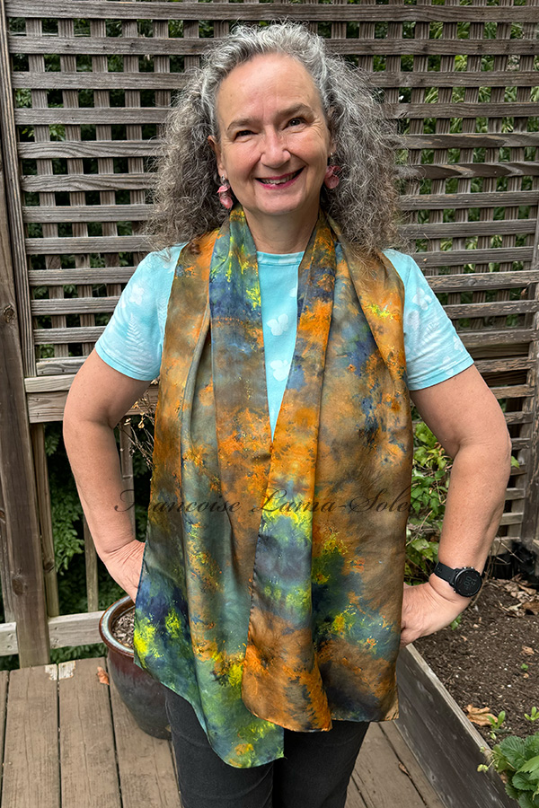 Women's wearable art long silk scarf hand dyed in the shades cobalt blue, copper, brown and yellow green - Lara