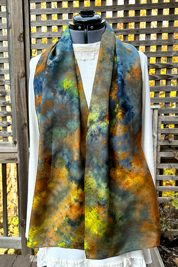 Women's wearable art long silk scarf hand dyed in the shades cobalt blue, copper, brown and yellow green - Lara