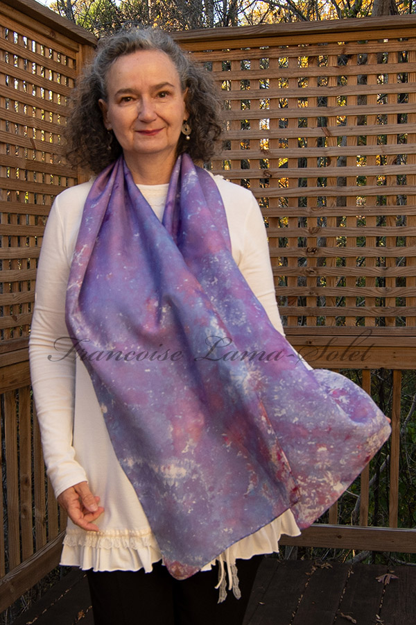 Women's wearable art tie dye silk scarf hand dyed in the shades lavender, pink and white - Lavender