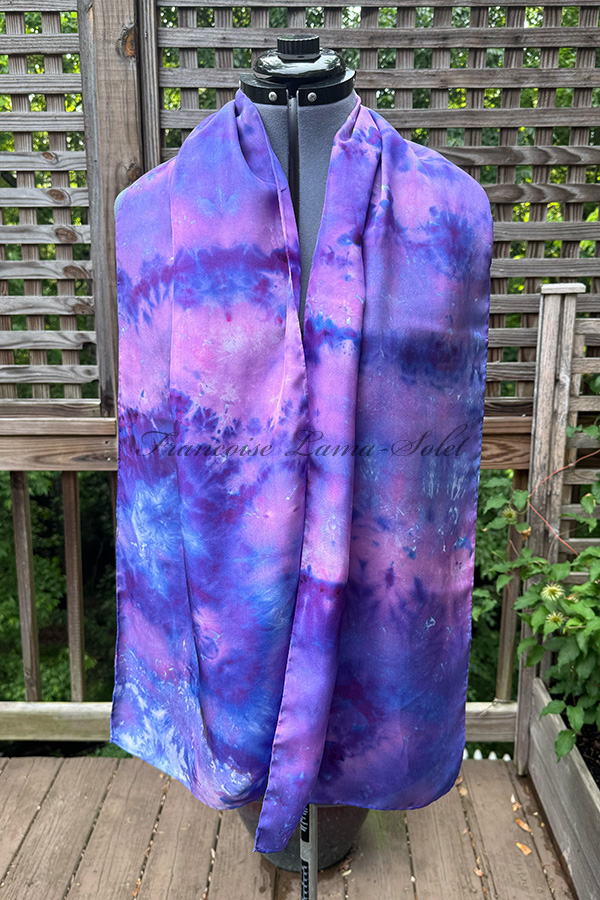 Women's wearable art tie dye silk scarf hand dyed in the shades purple and lavender - Lavender
