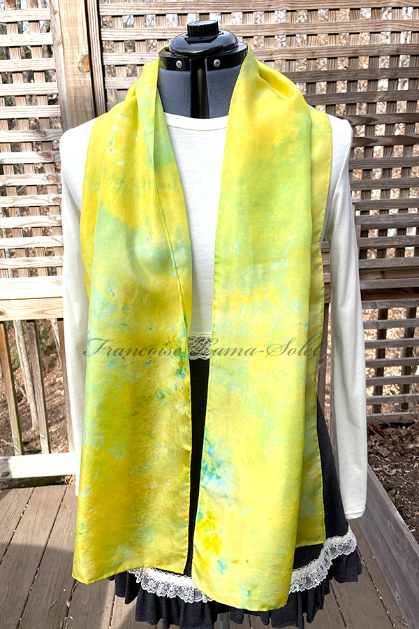 Women's wearable art ice dyed yellow long silk scarf hand dyed with some shades of lime green and aqua - Lemon