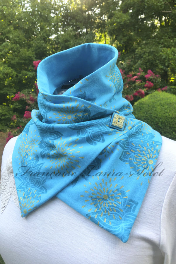 Artsy hand printed turquoise metallic gold women modern urban button scarf Lotus Flower Stars