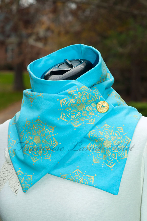 Women hand printed turquoise gold modern button scarf Mandala Gem