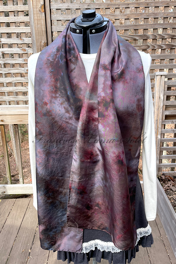 Women's wearable art ice dyed silk scarf hand dyed with maroon, bordaux and black shades - Margaux