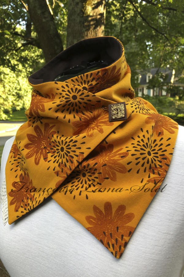 Art to wear button scarf handmade with yellow mustard cotton lycra jersey and hand printed with brown flowers and stars – Marigold Blossoms