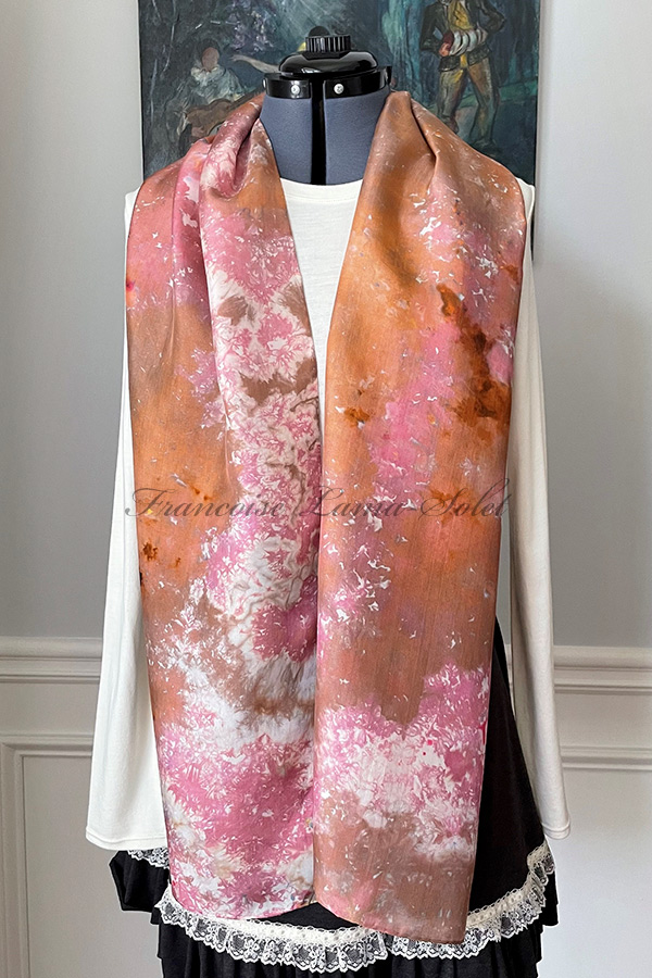 Women's wearable art lightweight fashionable summer silk scarf hand dyed in the shades brown, copper and pink - Mia