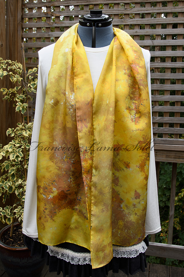 Women's wearable art habotai silk scarf hand ice dyed with beautiful shades of mustard, gold and brown - Mustard