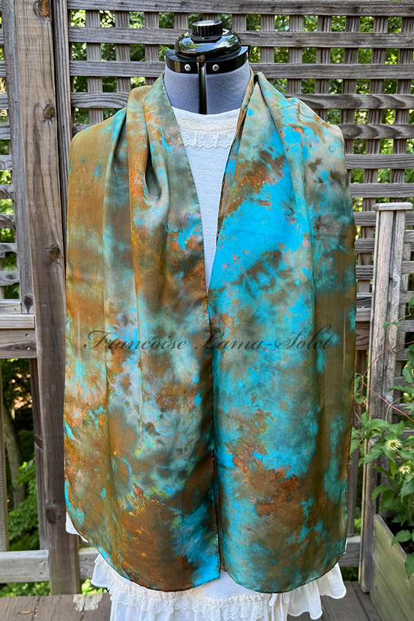 Women's wearable art ice dyed turquoise aqua brown and rust long hand dyed silk scarf - Noemie