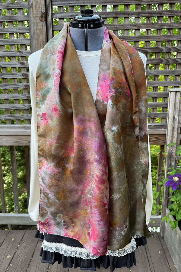 Women's wearable art lightweight fashionable summer silk scarf hand dyed in the shade olive green, pink and copper - Olivia