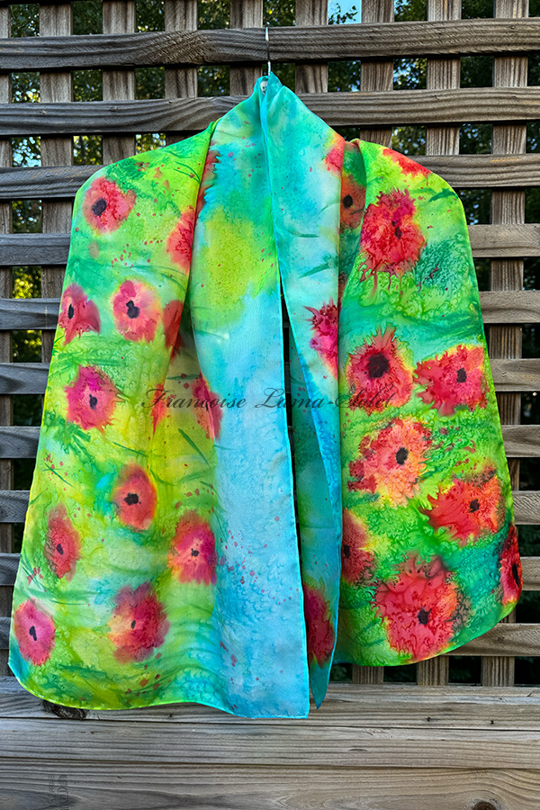 Women's wearable art silk scarf hand painted with a field of poppy flowers in different shades of turquoise, green, pink and orange - Poppy Field