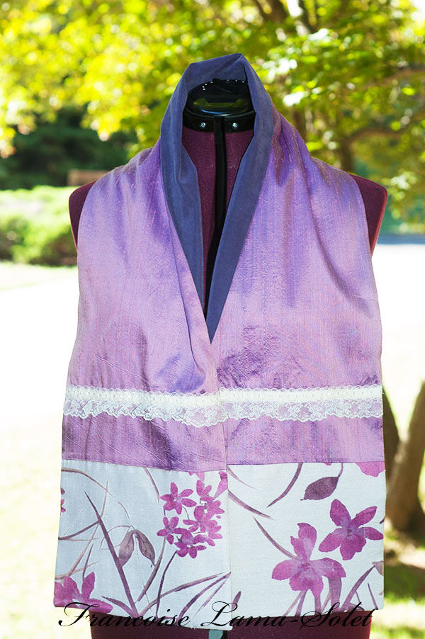 Women's elegant seasonless gift purple ivory patchwork silk linen floral scarf Purple Bouquet