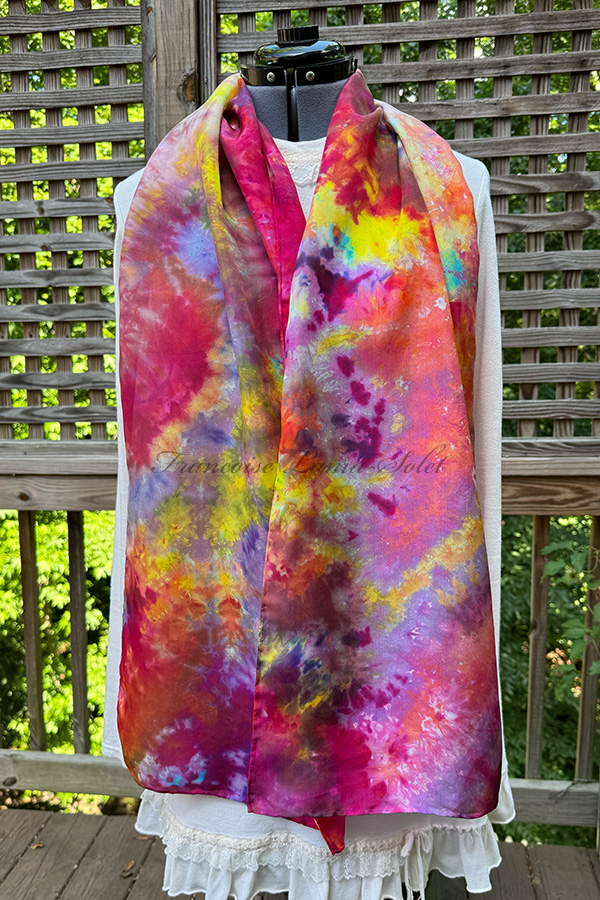 Women's wearable art ice dyed long silk scarf hand dyed with different shades of orange, turquoise, pink and yellow - Rainbow Colors