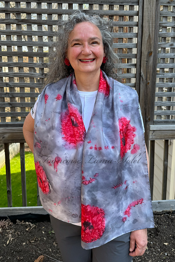 Women's wearable art silk scarf hand painted with abstract red poppy flowers in different shades of grey, black and red - Red Poppies