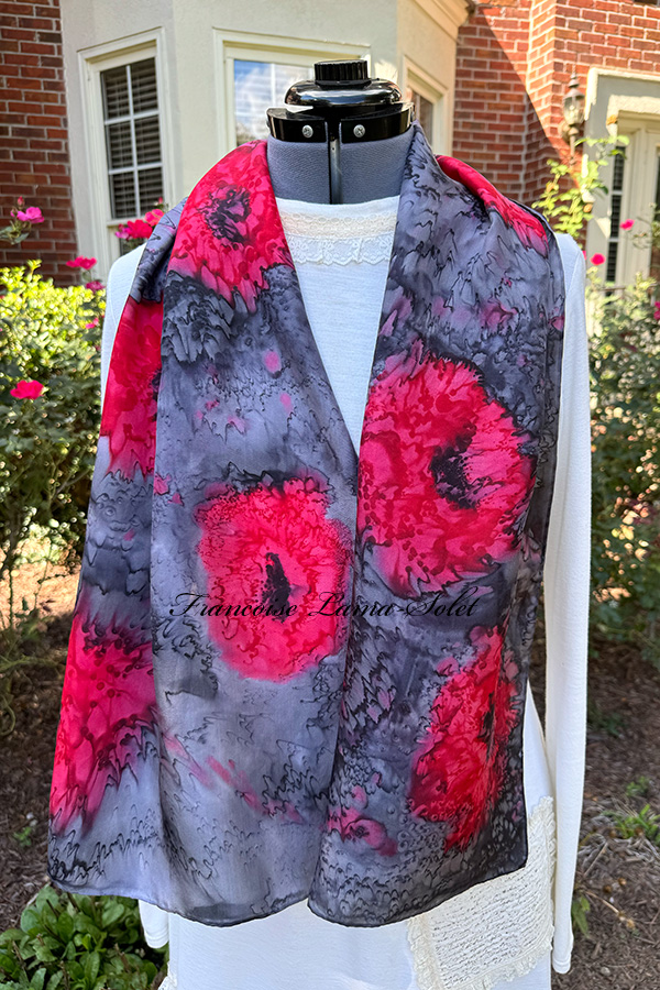 Women's wearable art silk scarf hand painted with abstract red poppy flowers in different shades of grey, black and red - Red Poppies