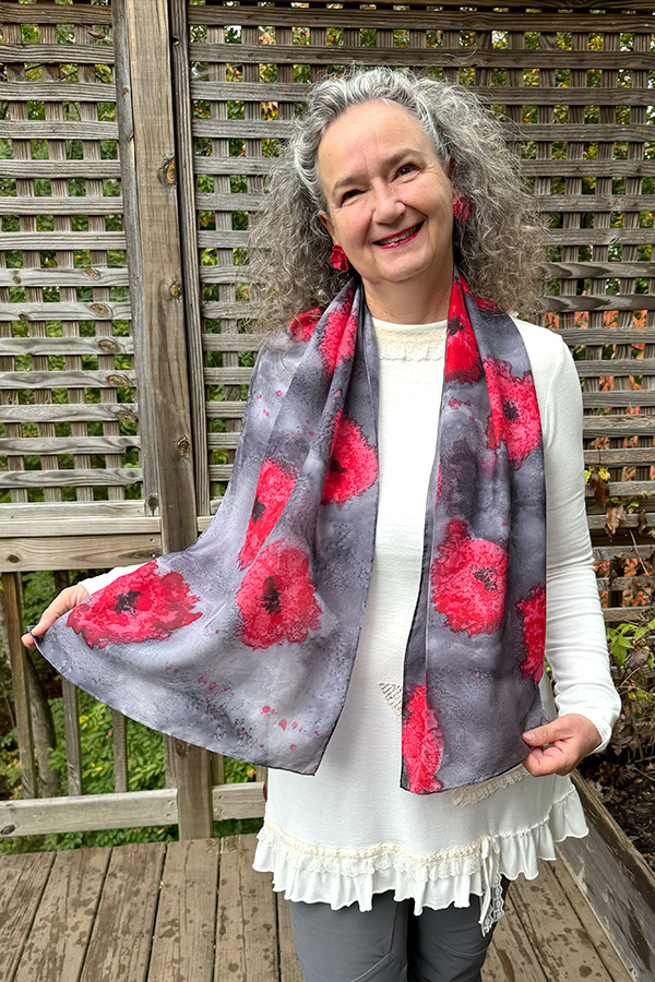 Women's wearable art silk scarf hand painted with abstract red poppy flowers in different shades of grey, black and red - Red Poppies