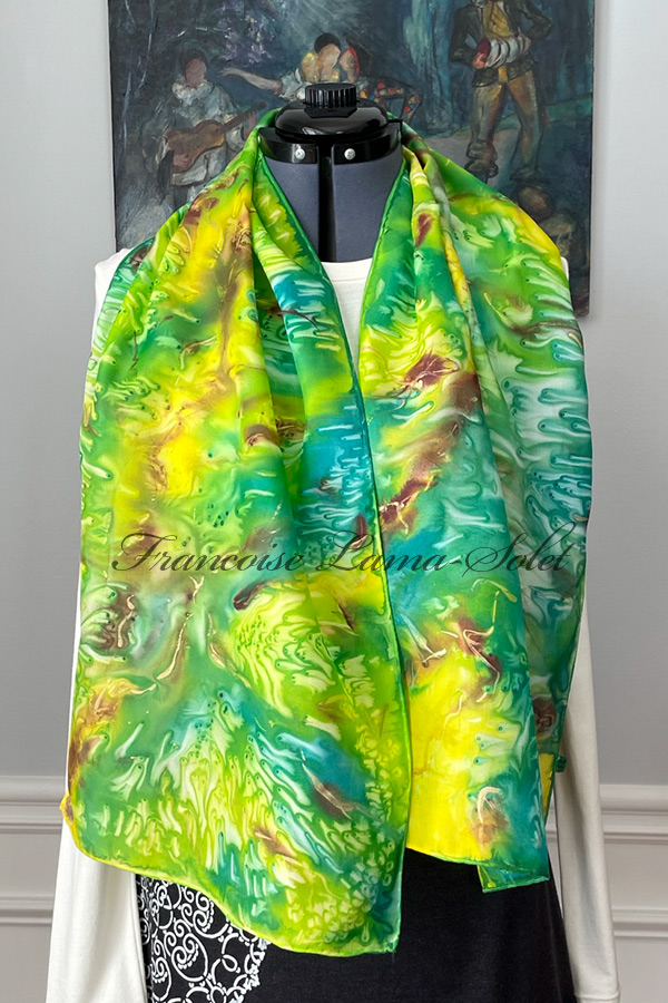 Women's wearable art silk scarf hand painted in different shades of teal, turquoise, green, brown, yellow and gold - River