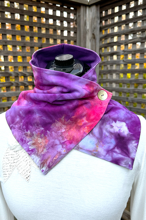 Women's wearable art unique colorful hot pink and purple handmade and hand painted fashion button neck scarf with leaf prints – Roses and Violettes