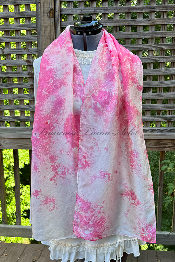 Women's wearable art spring summer lightweight silk scarf hand dyed in the shades pink and white - Rose