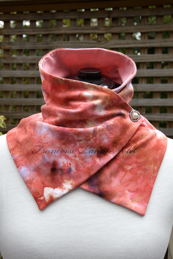 Women's wearable art hand ice dyed cotton neck warmer scarf with button in the shades nutmeg, peach and pink - Spices