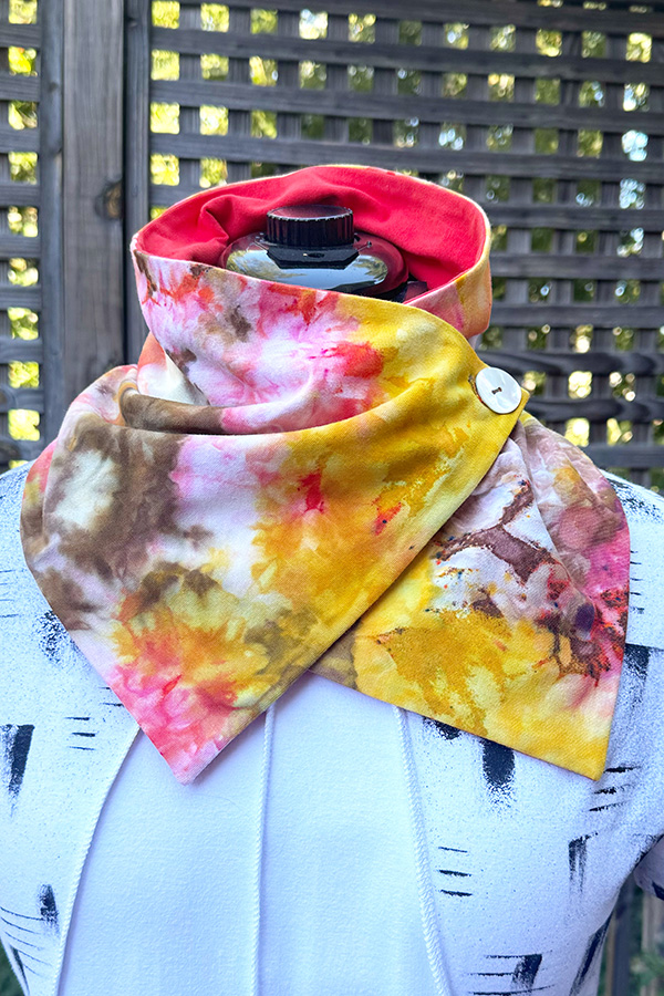 Women's wearable art hand ice dyed cotton neck warmer scarf with button in the different shades of yellow, peach and brown - Summer Cocktail