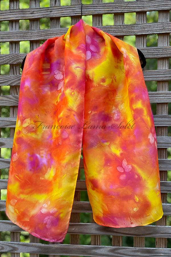 Women's wearable art lightweight silk scarf hand painted in different shades of orange, hot pink and yellow and sun printed with natural leaves - Summer Vibes