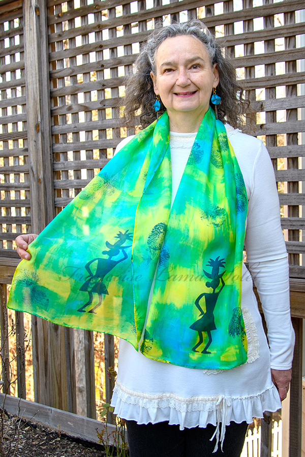Women's turquoise blue, green and yellow wearable art silk scarf hand painted with professional dyes and hand printed with abstract and tribal patterns - Tribal