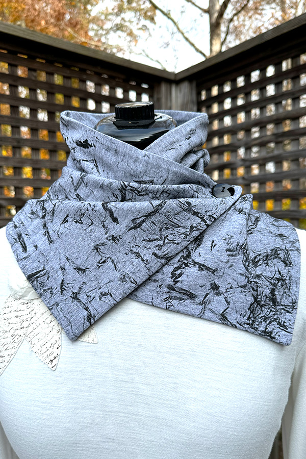 Women's grey and black button neck scarf handmade and hand printed with a black abstract pattern - Urban on Grey