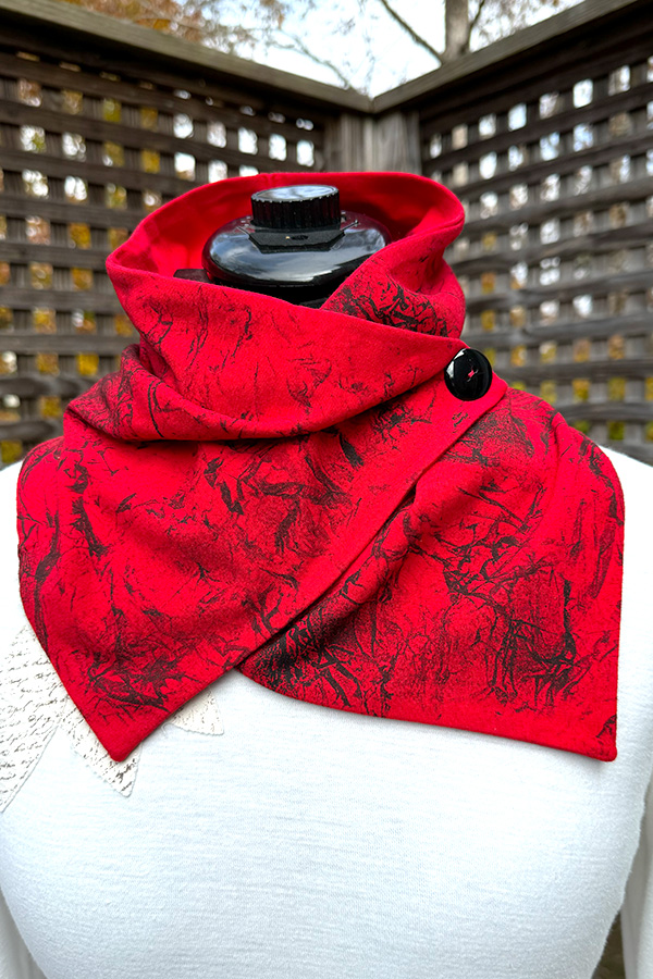 Women's charcaol red and black button neck scarf handmade and hand printed with a black abstract pattern - Urban on Red