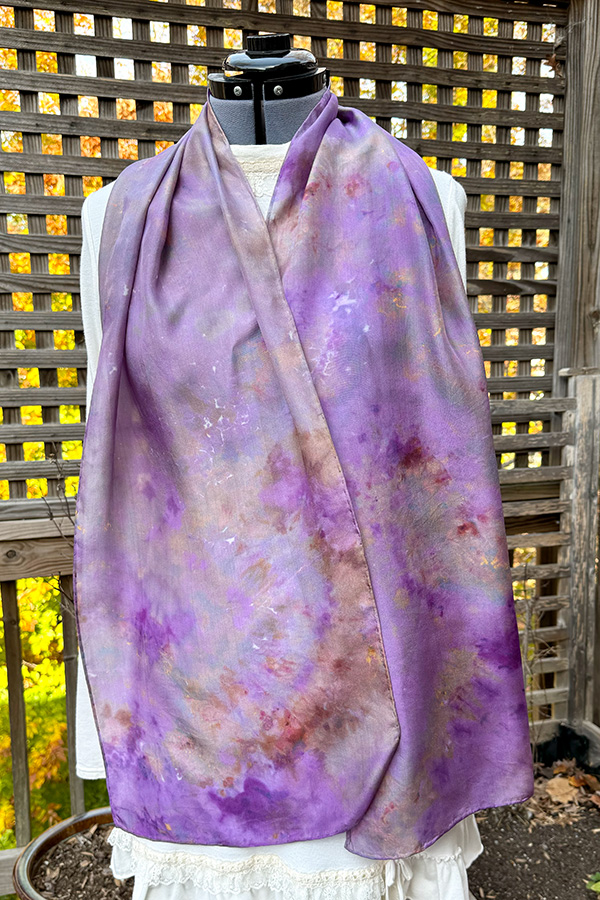 Women's wearable art tie dye silk scarf hand dyed in the shades purple, lavender and white - Violette