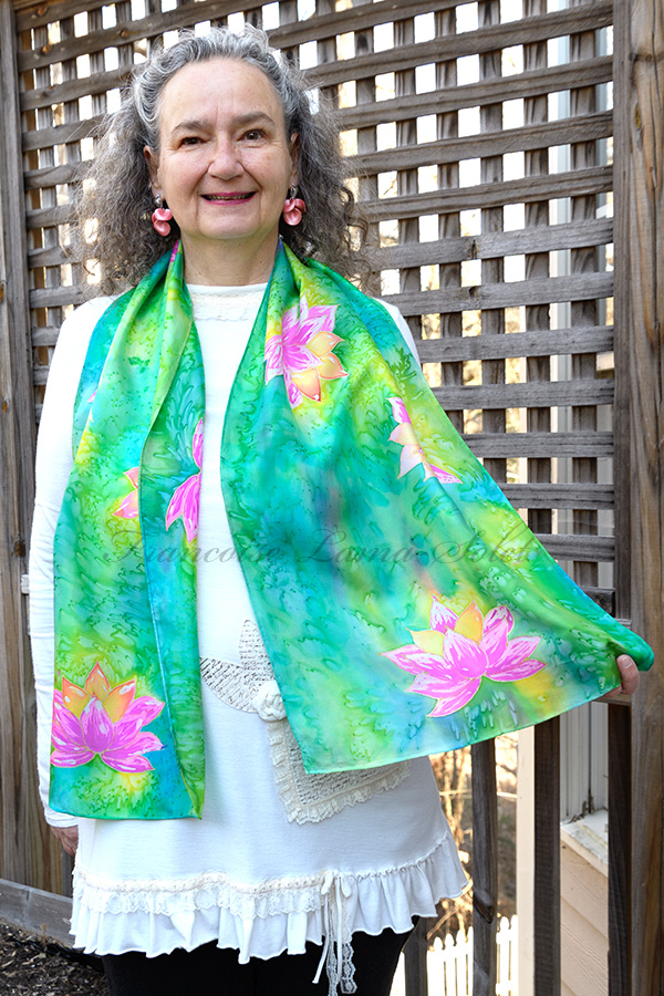 Women's wearable art silk scarf hand painted with a waterlily pond using silk dyes and batik technique - Waterlilies