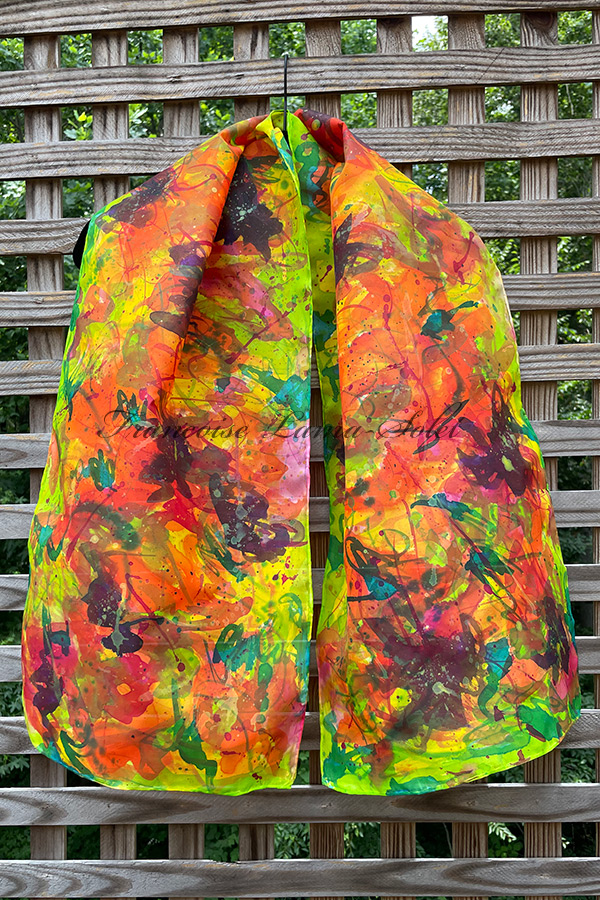 Women's colorful wearable art silk scarf hand painted with an abstract floral expressive painting in different shades of yellow, orange, green, pink, purple and turquoise - Wild Garden