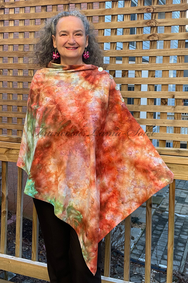 Women's hand ice dyed tie dye colorful terracotta and green asymmetrical poncho cape shawl with buttons - Amber