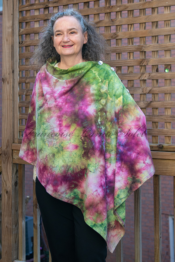 Women's colorful pink, purple and green hand dyed tie dye warm and cozy fall winter poncho cape with buttons - Bright Garden