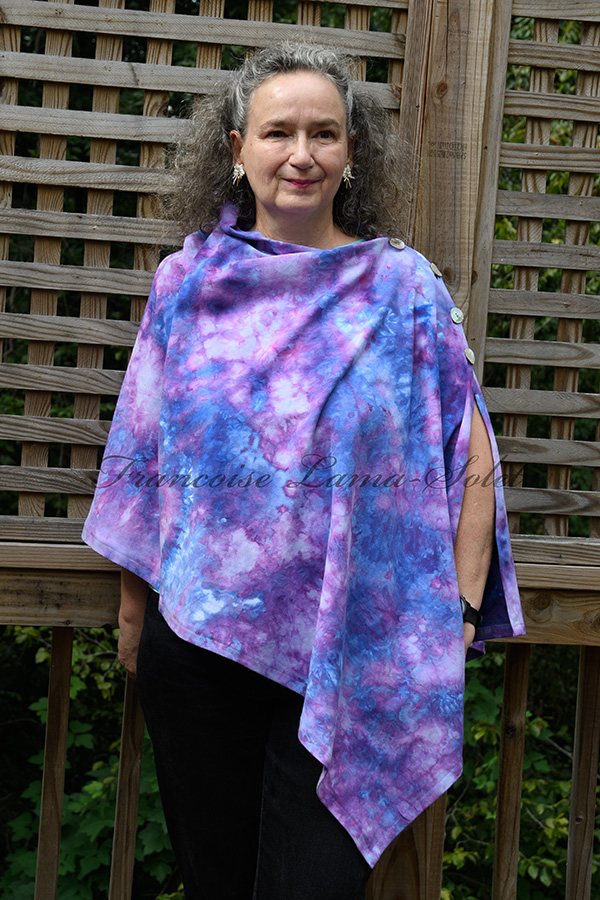 Women's hand ice dyed tie dye blue and lavender stylish poncho cape with buttons - Caroline