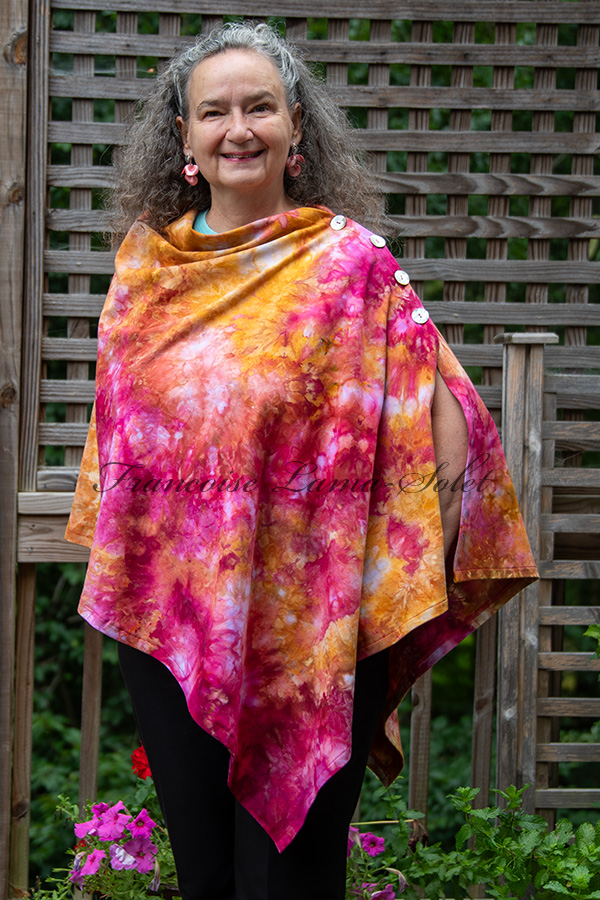 Women's hand ice dyed tie dye colorful pink and orange asymmetrical poncho cape shawl with buttons - Cecilia