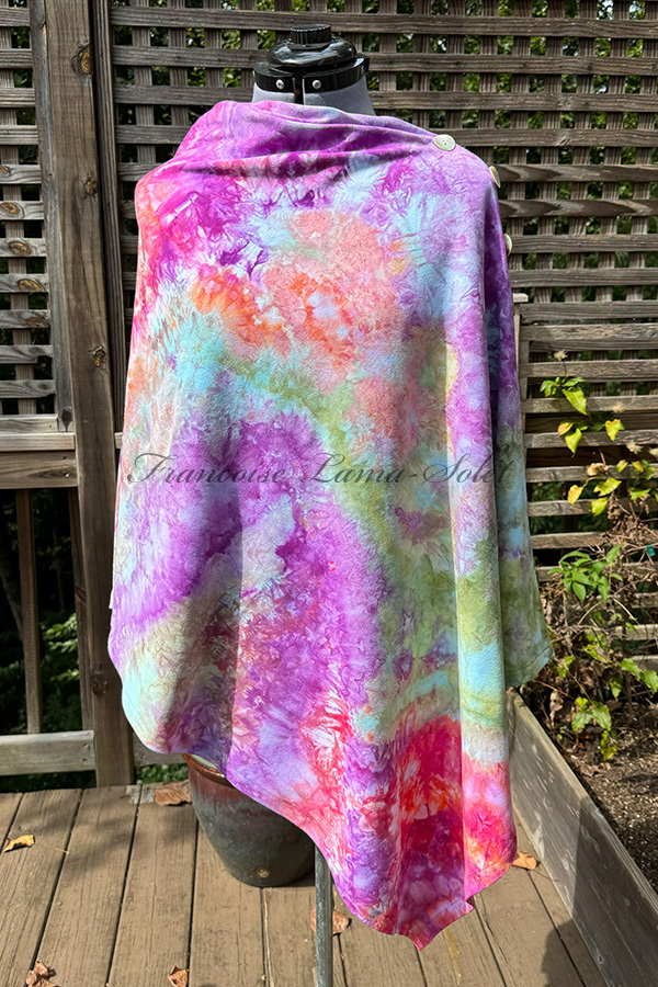 Women's hand dyed ice dyed asymmetrical poncho shawl wrap with buttons in the shades jade green, aqua, pink and lavender - Champs de Fleurs