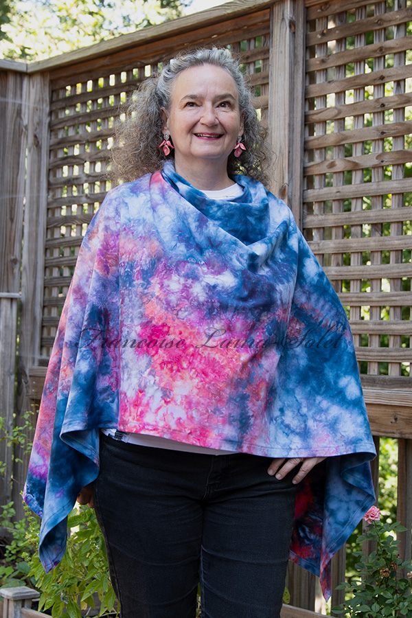 Women's blue, coral and pink hand dyed tie dye warm and cozy fall winter Button Shawl Wrap, poncho cover up - Charlotte