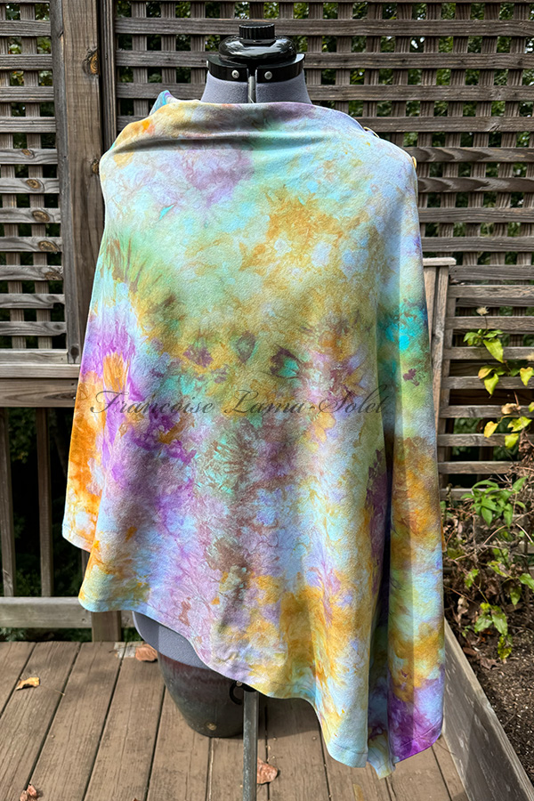 Women's hand dyed ice dyed asymmetrical poncho shawl wrap with buttons in the shades turquoise, lavender and marigold - Elisa