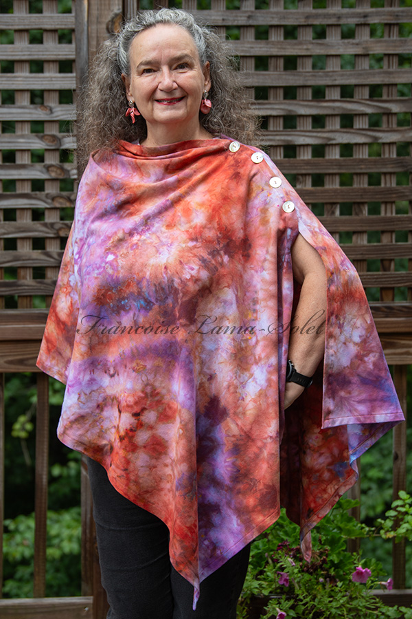 Women's hand dyed tie dye warm and cozy fall winter poncho shawl wrap with buttons in the shades terracotta, purple, lavender, teal and pink - Emily