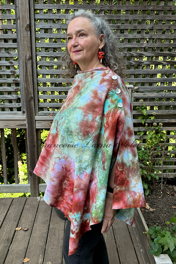 Women's hand ice dyed tie dye colorful terracotta and green asymmetrical poncho cape shawl with buttons - Fall is Coming