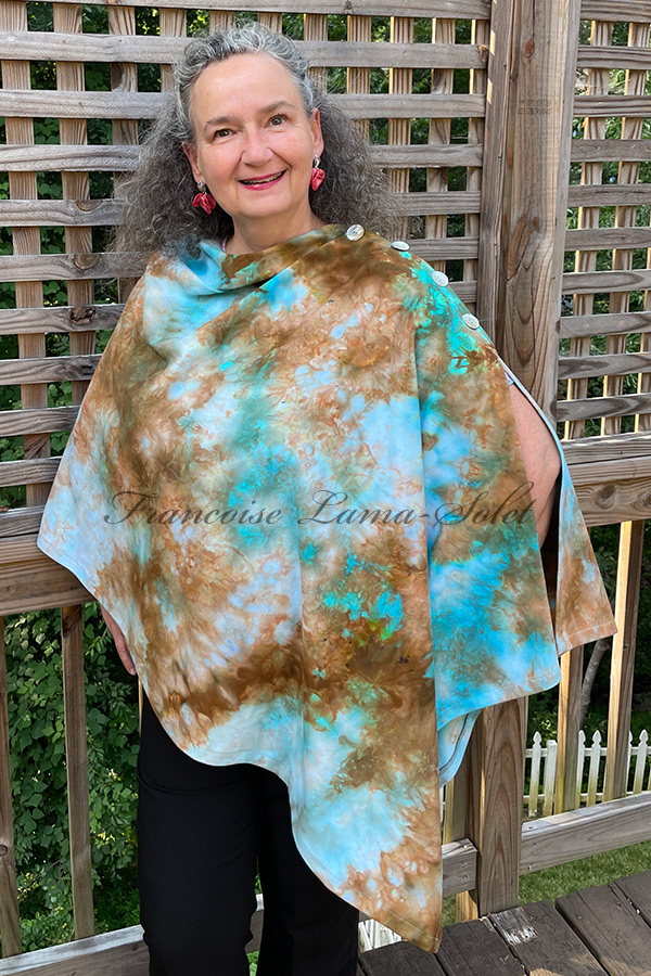 Women's hand dyed ice dyed asymmetrical poncho shawl wrap with buttons in the shades aqua, turquoise, light blue, green, bronze and brown - Glorious Turquoise
