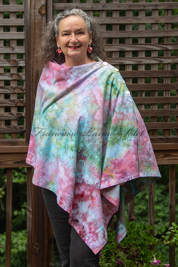 Women's hand dyed ice dyed asymmetrical poncho shawl wrap with buttons in the shades jade green, aqua, pink and lavender - Impressionist Garden