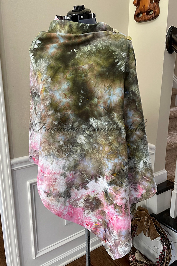 Women's hand dyed ice dyed asymmetrical poncho shawl wrap with buttons in the shades olive green and pink - Jardin Sauvage