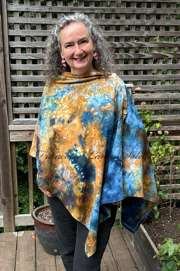 Women's hand ice dyed tie dye blue and bronze stylish poncho cape shawl with buttons - Lara