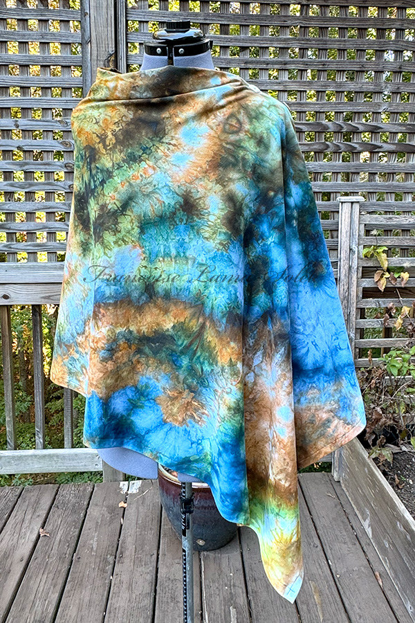 Women's hand ice dyed tie dye blue and bronze stylish poncho cape shawl with buttons - Lara