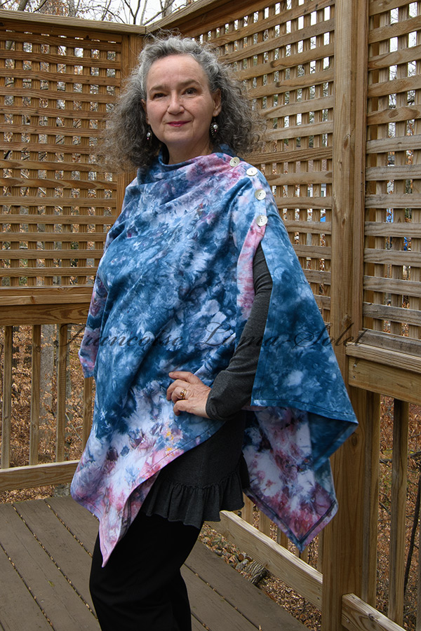 Women's cobalt blue and pink hand dyed tie dye warm and cozy fall winter Button Shawl Wrap, poncho cover up - Madeline