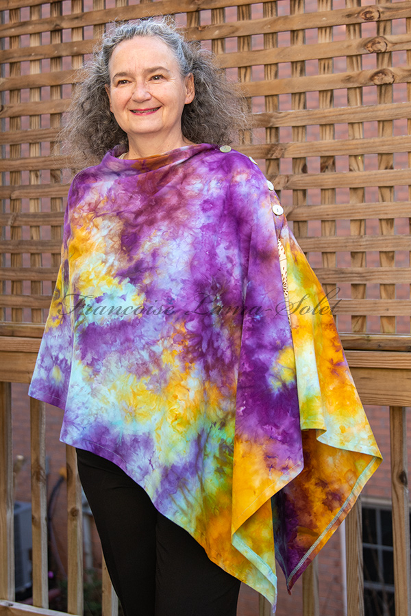 Women's purple, marigold and turquoise hand dyed tie dye warm and cozy fall winter Button Shawl Wrap, poncho cover up - Peche Melba
