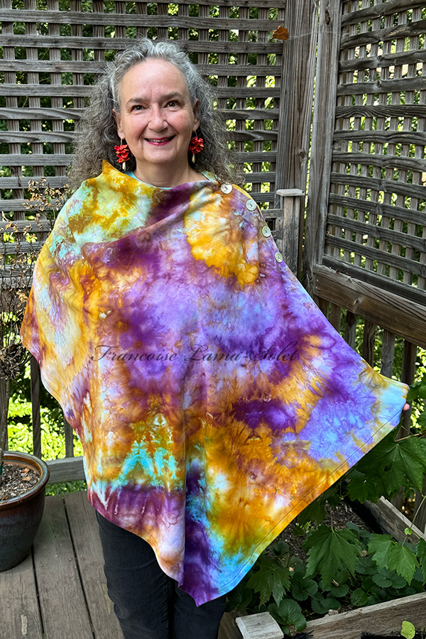 Women's purple, marigold and turquoise hand dyed tie dye warm and cozy fall winter Button Shawl Wrap, poncho cover up - Peche Melba