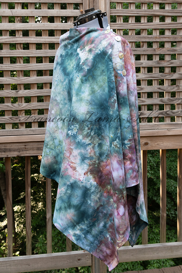 Women's hand ice dyed tie dye teal blue and gray stylish poncho cape shawl with buttons - Phoebe