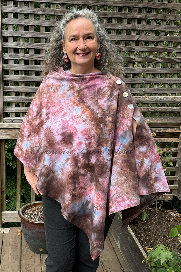 Women's hand dyed tie dye warm and cozy fall winter Button Shawl Wrap, poncho cover up in different shades of brown, blue and pink - Roses and Chocolate